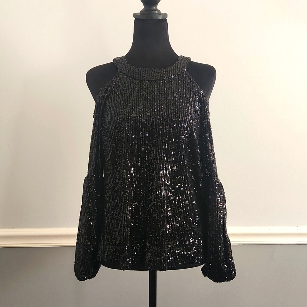 NWT- Cece- Lined sequined cold shoulder top, bubble sleeve.